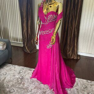 Fuchsia One-Shoulder Formal Dress - Size 0 - Beaded Ruched Train